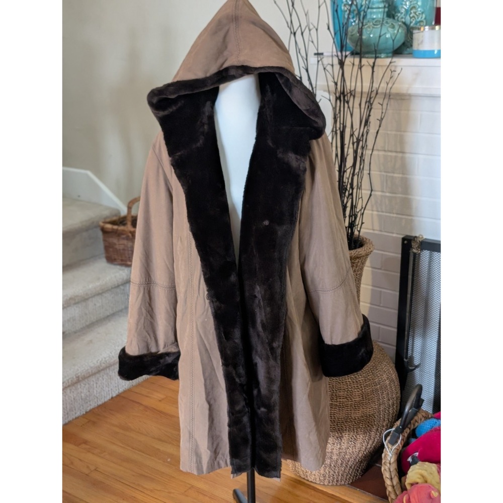 Utex Design Faux Fur Hooded Coat Tan Taupe Winter Jacket Women's XL Vintage